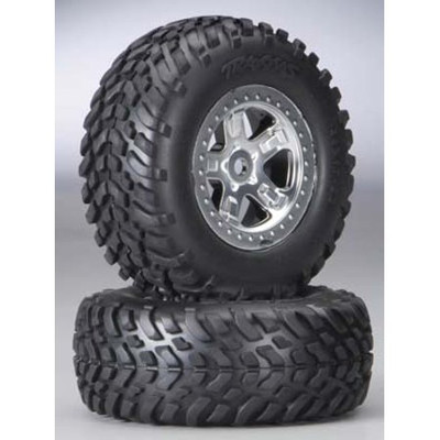 Traxxas Slayer Pre-Mounted Tires & Wheels w/Satin Chrome Beadlock (Black) (2) (TRA5973) Traxxas Slayer Pre-Mounted Tires & Wheels w/Satin Chrome Beadlock (Black) (2) (TRA5973)