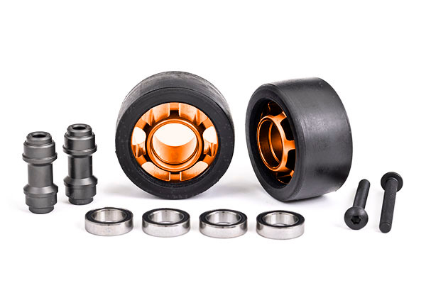 Wheels, wheelie bar, 6061-T6 aluminum (orange-anodized) (2)/ axle, wheelie bar, 6061-T6 aluminum (2)/ 10x15x4 ball bearings (4)
