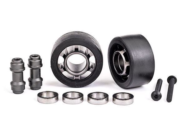 Wheels, wheelie bar, 6061-T6 aluminum (dark titanium-anodized) (2)/ axle, wheelie bar, 6061-T6 aluminum (2)/ 10x15x4 ball bearings (4)
