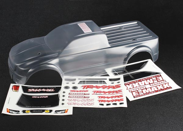 Body, E-Maxx® Brushless (clear, requires painting)/ decal sheet
