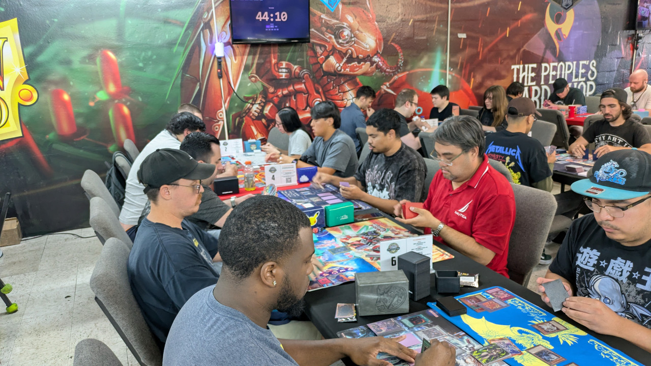 TCG Tournament Las Vegas at The People's Card Shop Trading card game tournament in progress at The People's Card Shop in Las Vegas with a packed room of players