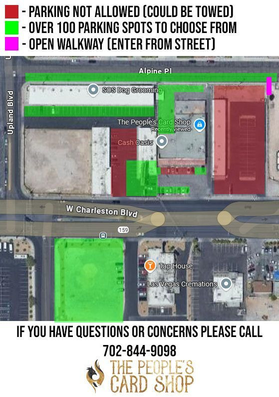 Parking guide for The People’s Card Shop in Las Vegas showing allowed and restricted parking areas