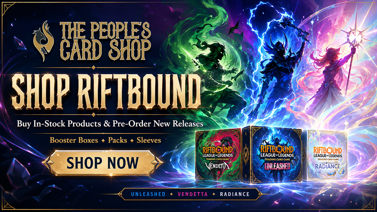 Shop Riftbound Products Las Vegas Shop Riftbound booster boxes, packs, and sleeves at The People's Card Shop in Las Vegas — Unleashed, Vendetta, and Radiance available