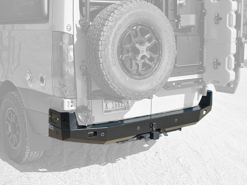 Close-up picture of a Sprinter van highlighting Aluminess Rear Bumper without swing arms.