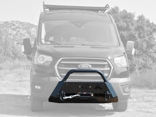 A black Ford Transit van equipped with a Baja style front winch bumper.