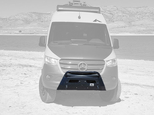Baja Front Winch Bumper on a Mercedes Sprinter van is parked on a beach near water.