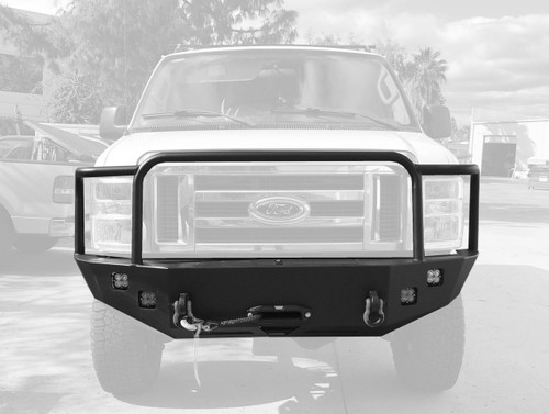 Aluminess Front winch bumper on a white 2008+ Ford E-Series van.