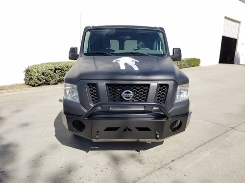 A matte black Nissan NV van with a slimline front winch bumper from Aluminess Products.