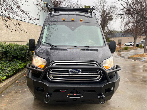 a Black Transit van featuring Aluminess Front Bumper parked on the street.