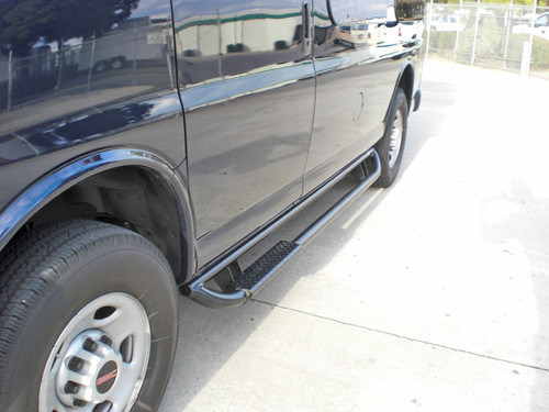 Black Chevy Express van with all-aluminum nerf bars from Aluminess Products.