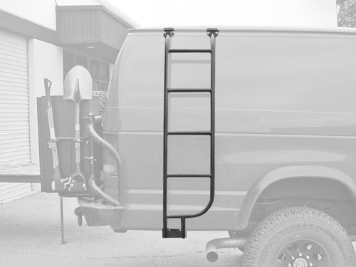Red Ford E-Series van equipped with an Aluminess black side ladder.