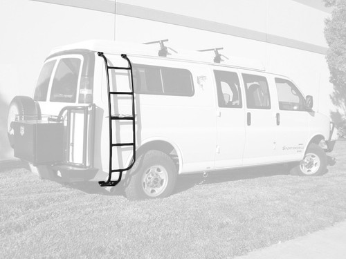 White Chevy Express van with an all-aluminum side ladder from Aluminess Products on the passenger side of the vehicle.