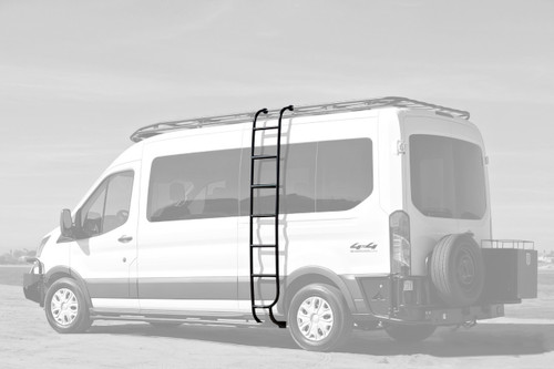 A white Ford Transit van parked in front of a bay, equipped with various off-road accessories; front winch bumper, roof rack, and side ladder.