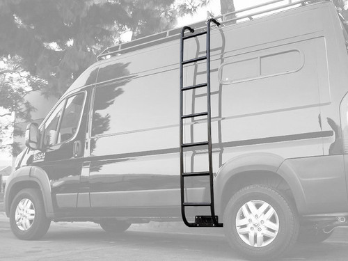 Black Dodge RAM Promaster van with a side ladder and roof rack from Aluminess Products.