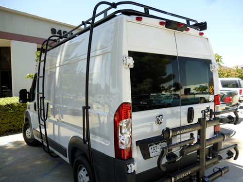 Rear view of a white Dodge RAM Promaster featuring Aluminess Surf Pole.