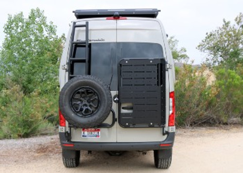 Pearl white Mercedes Sprinter van featuring Aluminess Rear Door Base Unit and Plate.