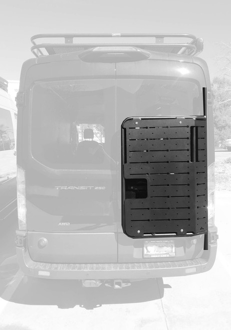 Aluminess BackPACK rear mounting plate equipped on a green Ford Transit van.