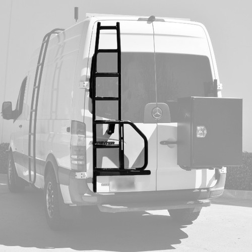 Rear view of a white Mercedes Sprinter van highlighting Aluminess Rear Door Ladder.