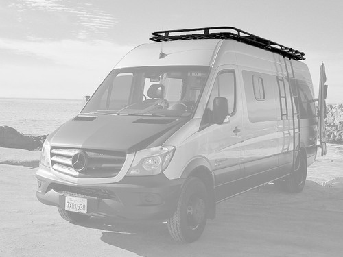 Picture of a Sprinter van featuring Aluminess Weekender Sprinter Roof Rack.