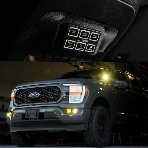 A Ford F-150 and F-150 Raptor with sPOD Mini6 switch panel kit with a sunglass holder mount from sPOD.