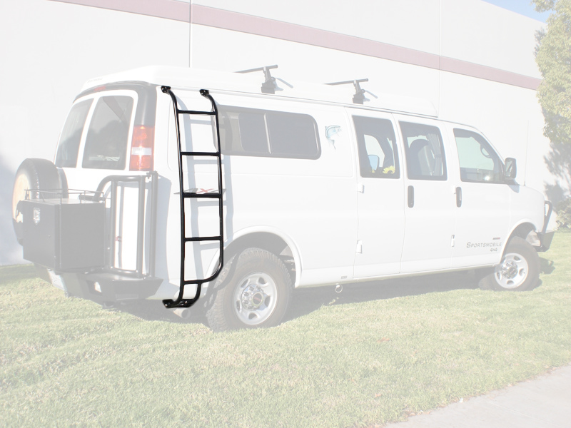 Red Chevy Express van with an all-aluminum side ladder from Aluminess Products on the driver side of the vehicle.