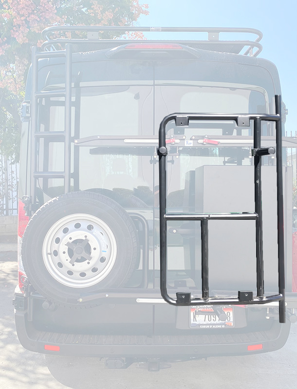 A black Ford Transit van with a tire carrier and rear door bike rack.