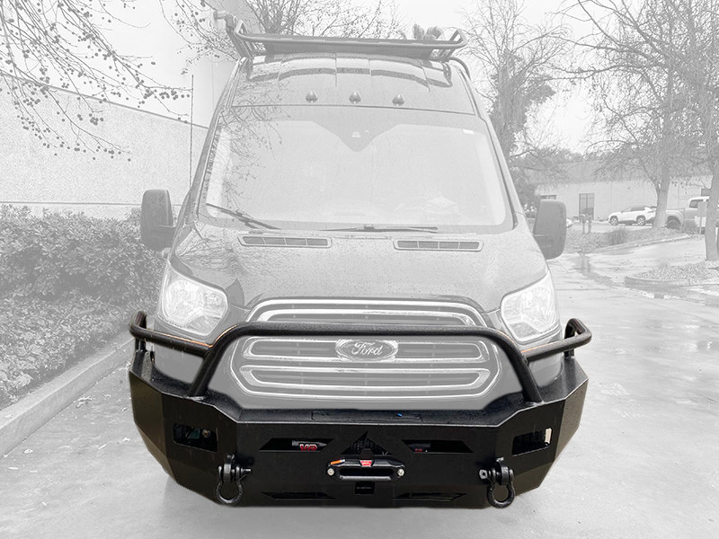 a Black Transit van highlighting Aluminess Front Bumper parked on the street.