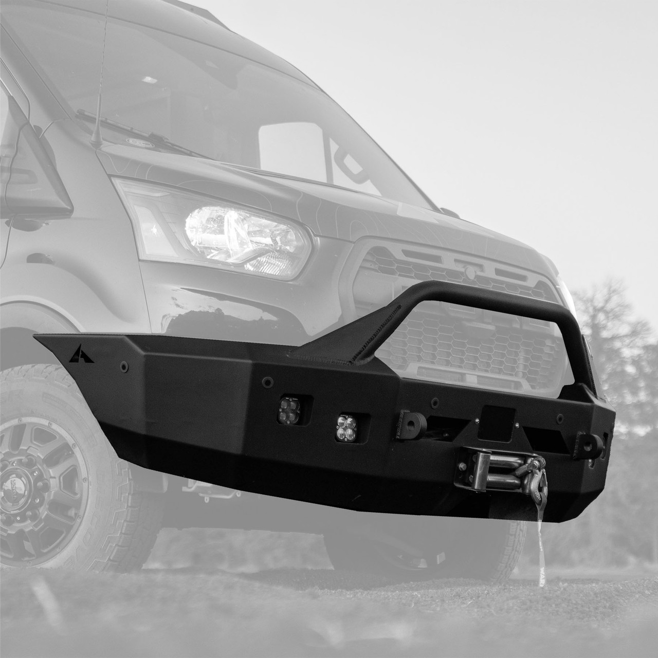 Ford Transit van 2020+ parked featuring Aluminess Front Winch Bumper.