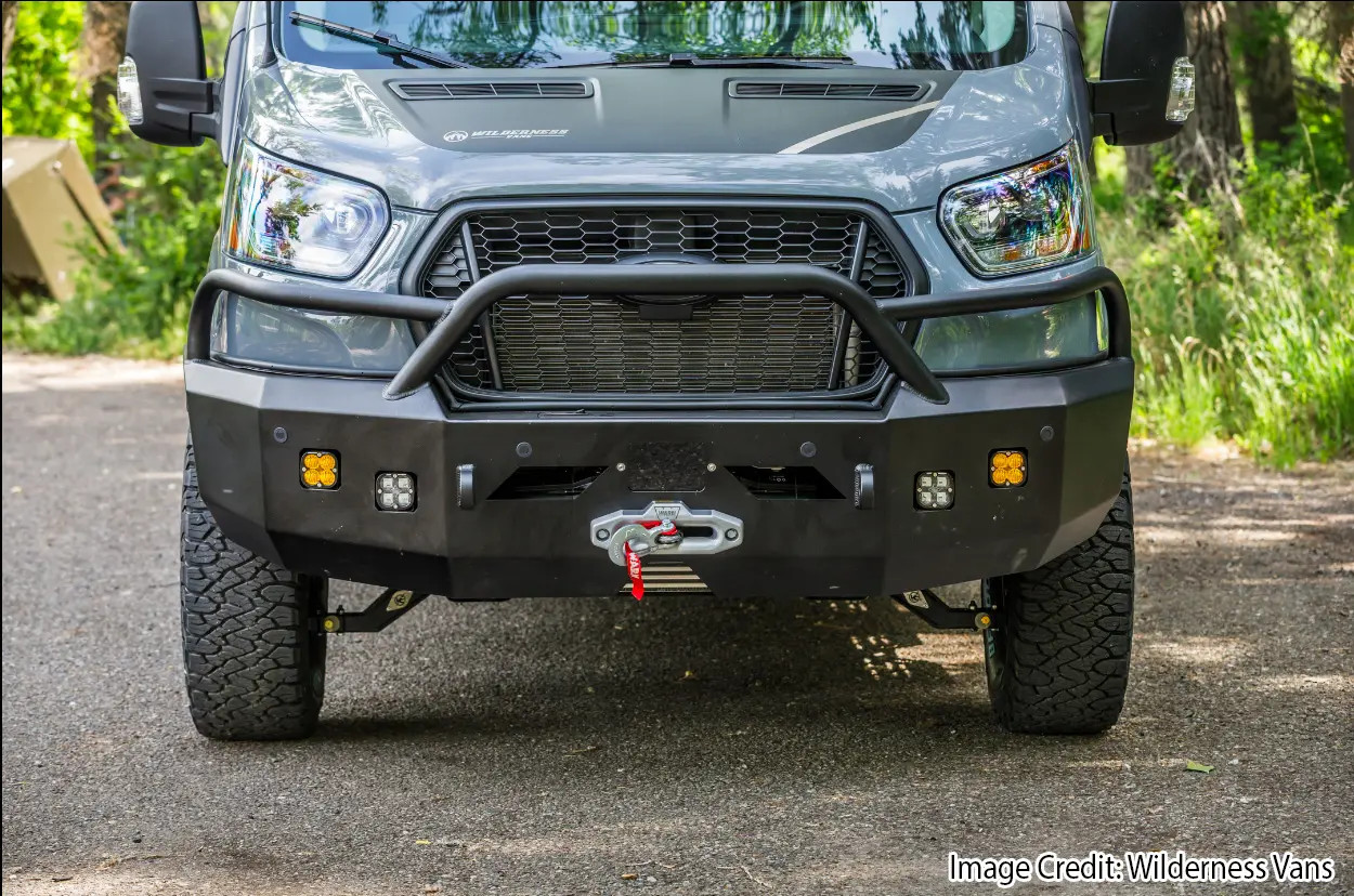 Aluminess Ford Transit front winch bumper front view showing square light openings and tow hooks