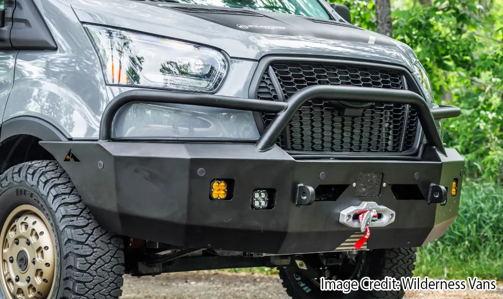 Aluminess Ford Transit bumper close up detail of bull bar and brush guard tubing construction