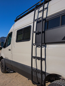 Close-up side view of a pearl white van featuring all-aluminium Aluminess Side Ladder for Sprinter vans.