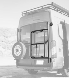 Rear door view of a Ford Transit van highlighting Aluminess Rear Door Rack Base Unit.