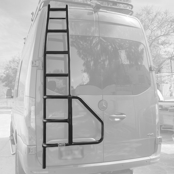 Mercedes Sprinter van highlighting Aluminess Rear Door Ladder rack system.