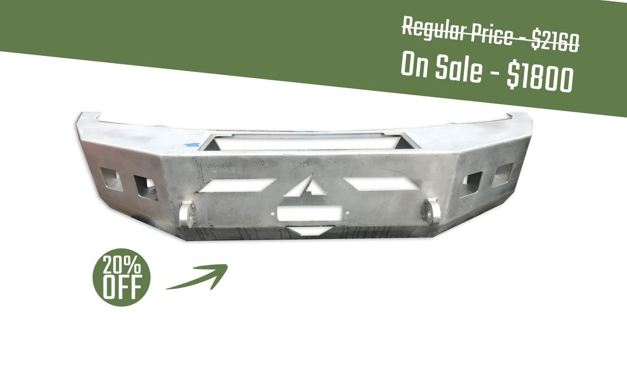 Close-up picture featuring Aluminess Front Bumper for Ford Superduty vans on a white background with an overstock tag.