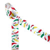 Chili peppers in green, yellow and red printed on 7/8" white single face satin ribbon is an ideal ribbon for Cinco De Mayo, fiestas, barbecues and banquets. This is an ideal ribbon for party decor, gift wrap, party favors, quilting, sewing and craft projects. All our ribbon is designed and printed in the USA