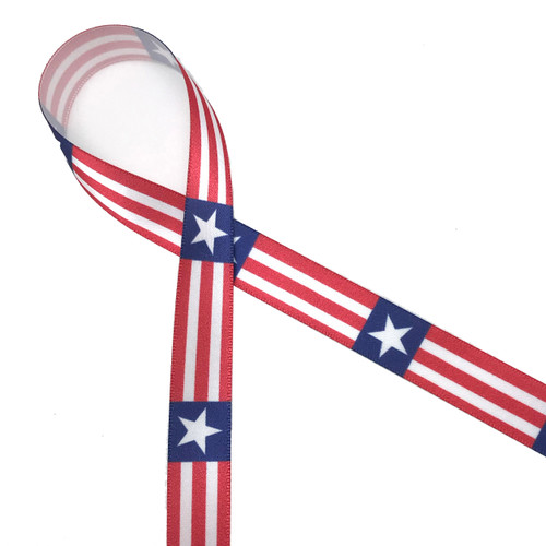 Red and white stripes with a single white star on a navy blue background printed on 5/8" white single face satin ribbon is a great ribbon for all your Americana themed gatherings! 