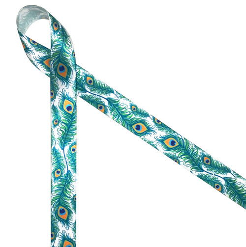 Peacock feathers printed on 7/8" white single face satin ribbon is a fun ribbon for tying special packages for all your peacock loving friends!