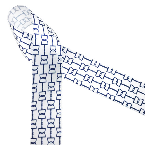 Our Equestrian themed ribbon with navy blue snaffle bits on a white 1.5" single face satin is ideal for bow making for competitions and shows! This is also a perfect ribbon for tying gifts for the horse lover on your gift list! All our ribbon is designed and printed in the USA