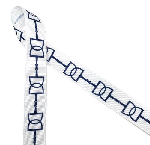 Our Equestrian themed ribbon with navy blue snaffle bits on a white 7/8" grosgrain is ideal for bow making for competitions and shows! This is also a perfect ribbon for tying gifts for the horse lover on your gift list! All our ribbon is designed and printed in the USA