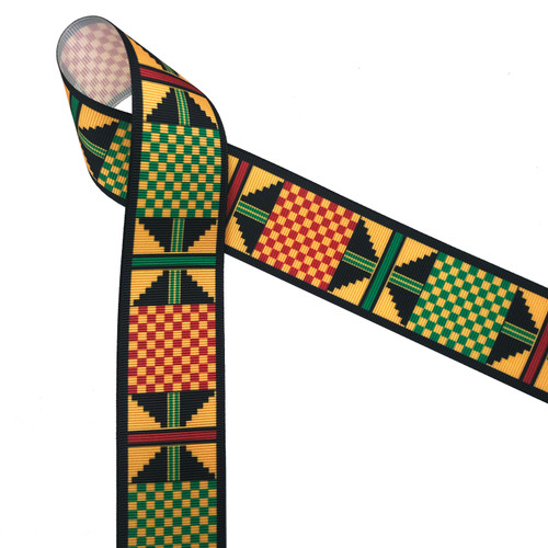 Ankara Kente African design in traditional colors of yellow, green, red and black printed on 1.5" white grosgrain ribbon is an ideal ribbon for hair bows, headbands, sewing projects, crafts and festivals. All our ribbons are designed and printed in the USA