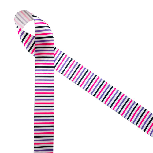 Stripes of lavender, pink and black on 7/8" white single face satin ribbon is fun for a whimsical Halloween celebration. This is a great ribbon for headbands, hair bows, gift wrap, party decor and candy shops. Use this ribbon for costumes, fascinators, quilting and sewing projects too. All our ribbon is designed and printed in the USA