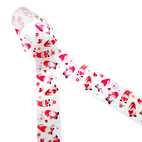 Valentine gnomes in pink and red with love letters and hearts printed on 1.5" white single face satin ribbon is perfect for all your Valentine gifts, parties and decor. This sweet ribbon will bring love and magic to your Valentine craft projects, sewing and quilting projects too. All our ribbon is designed and printed in the USA