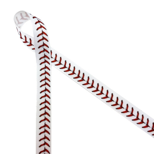 Baseball stitches in red printed on 5/8" white grosgrain ribbon is ideal for sports themed crafts, gift wrap, gift baskets, party favors, quilting and sewing projects. This is a great ribbon to add to cheerleading bows, hair bows, head bands and hair accessories. All our ribbon is designed and printed in the USA