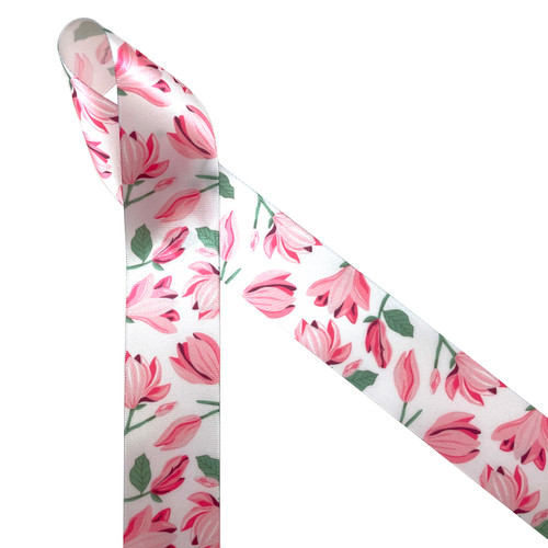 Magnolia blossoms in pink with green leaves printed on 1.5" white single face satin ribbon is ideal for Spring time events and soirees. This is a great ribbon for Mother's Day, Easter, bridal showers, and floral themed events. Use this ribbon for gift wrap, gift baskets, sweets tables, sewing, quilting and Spring time crafts. All our ribbon is designed and printed in the USA