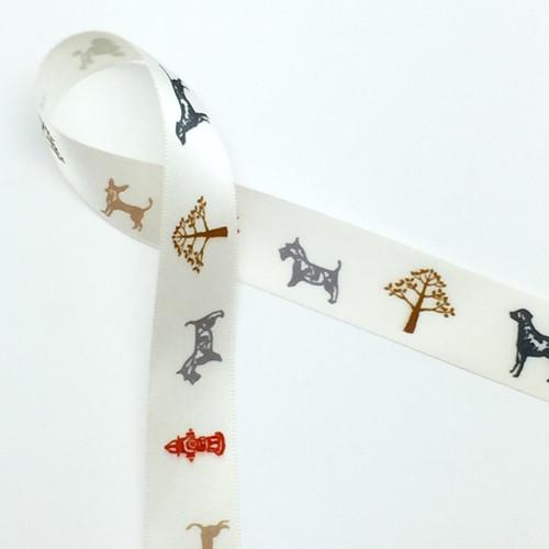 Dogs on Parade on 7/8" Antique white single face satin ribbon, 10 Yards