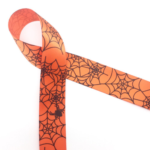 Black spider web and black spiders on 7/8" orange satin ribbon, 10 Yards