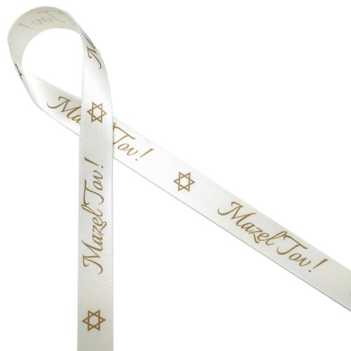 Mazel Tov! with the Star of David In gold and antique white on 5/8" antique white ribbon, 10 Yards