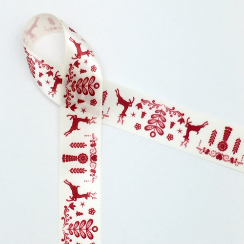 Traditional Nordic Design in red on 7/8" Antique white ribbon, 10 Yards