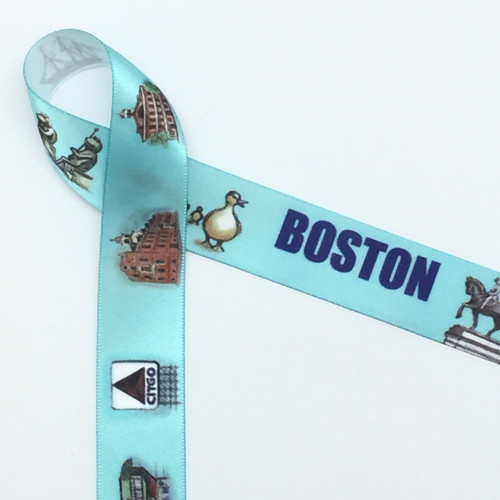 Boston Landmark Ribbon with a blue background printed on 7/8" white single face satin ribbon, 10 Yards