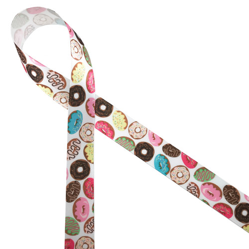 Donuts of every variety printed on 7/8" white single face satin ribbon makes a fun tie for donut favors at your next sweet treat themed party!